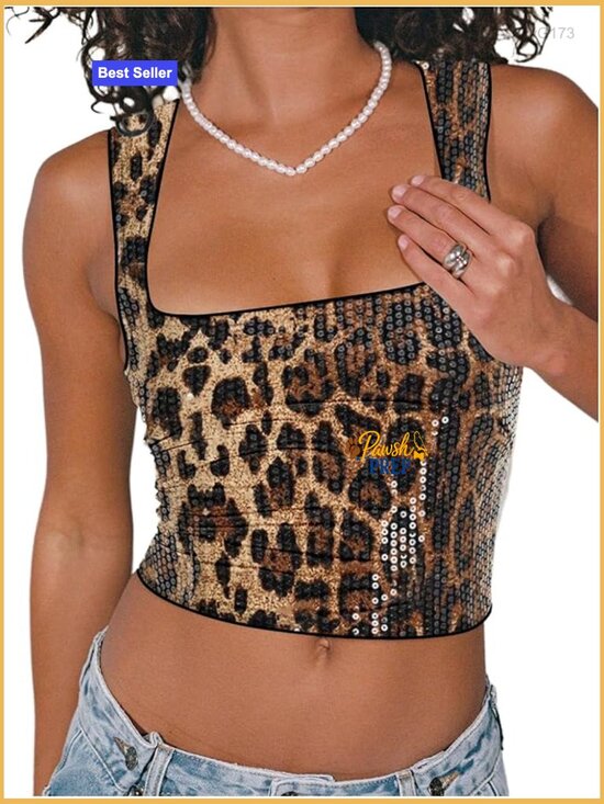 Tops - Sequin Leopard Print Square Neck Sleeveless Crop Tank Top Y2K Party Wear